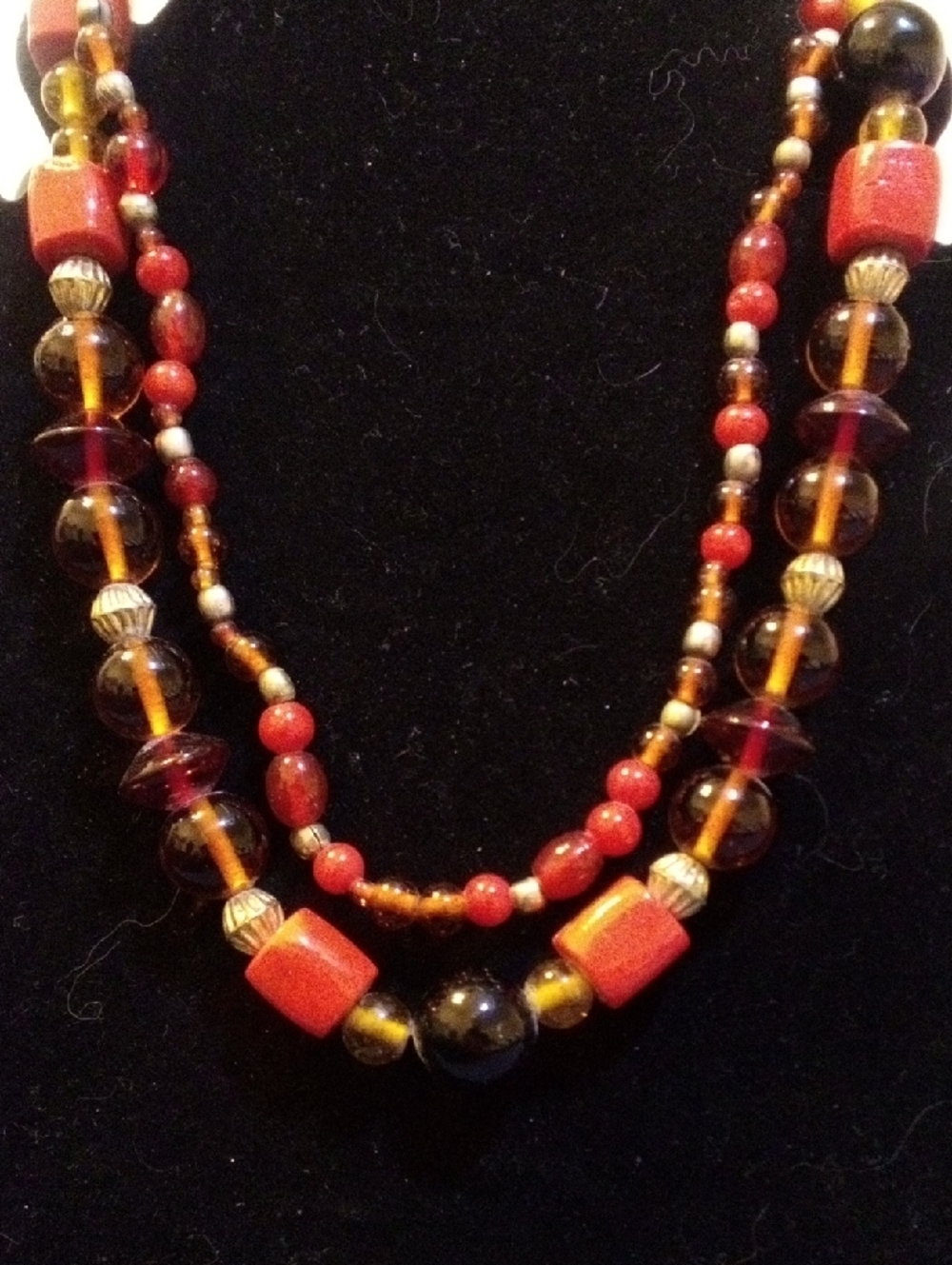 Multi-Strand Red and Amber Glass Bead Necklace - Brand: